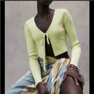 Zara Lime yellow Tie-Front cropped Cardigan, Size S